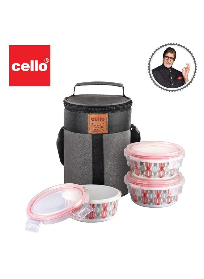 CELLO Red Trellis Opalware Lunch Box with Jacket, 3 Containers Lunch Box, 300ml