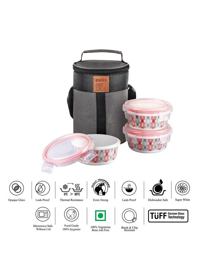 CELLO Red Trellis Opalware Lunch Box with Jacket, 3 Containers Lunch Box, 300ml