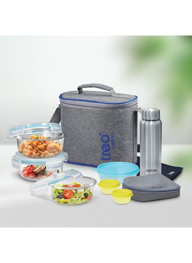Treo by Milton All Fresh Premier Glass Tiffin with Bag, Set of 8 (3 Containers, 400ml Each; 1 Steel Bottle, 750 ml; 2 - Pickle/Chutney Dabba, 30ml Each; 1 Salad/Papad Dabba, 200ml; 1 Dining Mat)