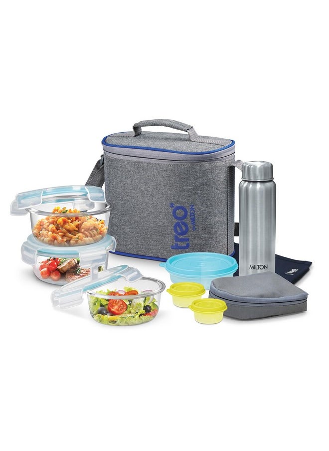 Treo by Milton All Fresh Premier Glass Tiffin with Bag, Set of 8 (3 Containers, 400ml Each; 1 Steel Bottle, 750 ml; 2 - Pickle/Chutney Dabba, 30ml Each; 1 Salad/Papad Dabba, 200ml; 1 Dining Mat)