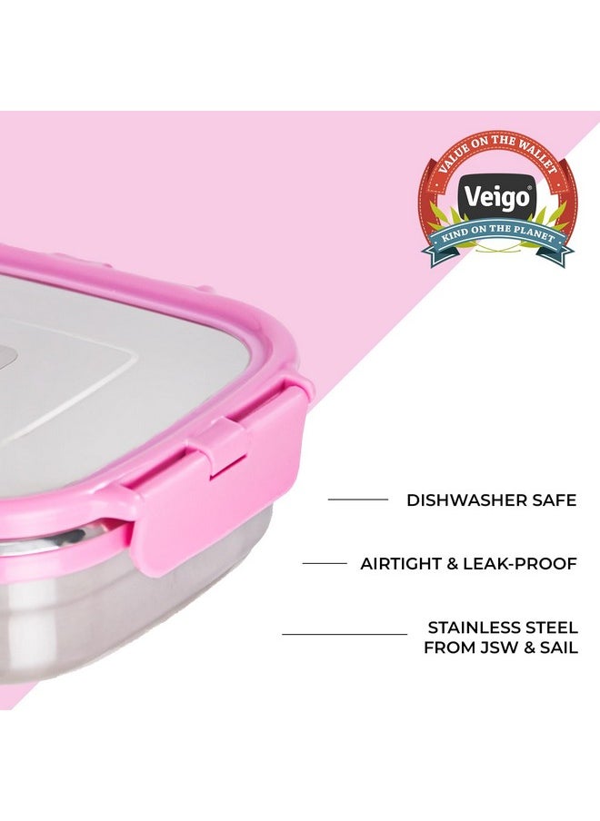 Veigo Stainless Steel Lunch Boxes for Office Men, Tiffin Box for Office Men, Lunch Box for Kids - 1 Pink Container | Leakage Proof Tiffin | Microwave Safe 1 Rectangle Shape 630ml (Insulated)