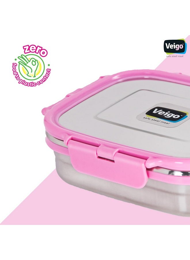 Veigo Stainless Steel Lunch Boxes for Office Men, Tiffin Box for Office Men, Lunch Box for Kids - 1 Pink Container | Leakage Proof Tiffin | Microwave Safe 1 Rectangle Shape 630ml (Insulated)