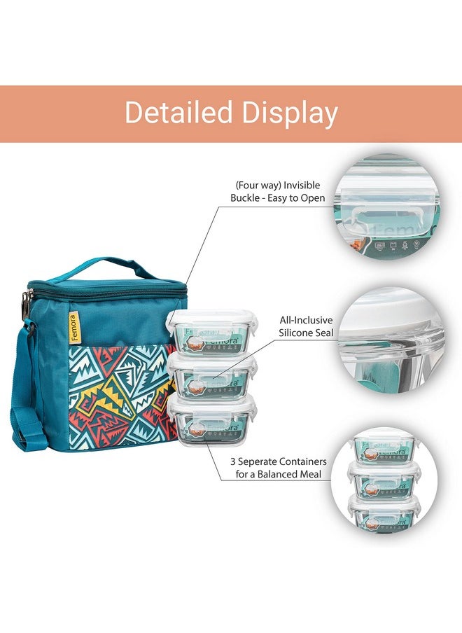Femora Borosilicate Glass Microwave Safe Round Container Multipurpose Lunch Box for Office, Blue, 380 ml (3 Container)