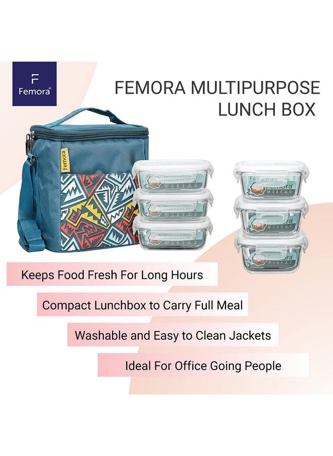 Femora Borosilicate Glass Microwave Safe Round Container Multipurpose Lunch Box for Office, Blue, 380 ml (3 Container)