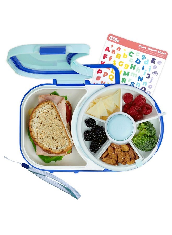GoBe Kids Lunchbox with Small Snack Spinner Flip - Bundle with Hand Strap & Sticker Sheet, 2-in-1 Bento Style Lunch Container, 5 Small +1 Large Sandwich Compartment, BPA & PVC Free- Macaron Blue