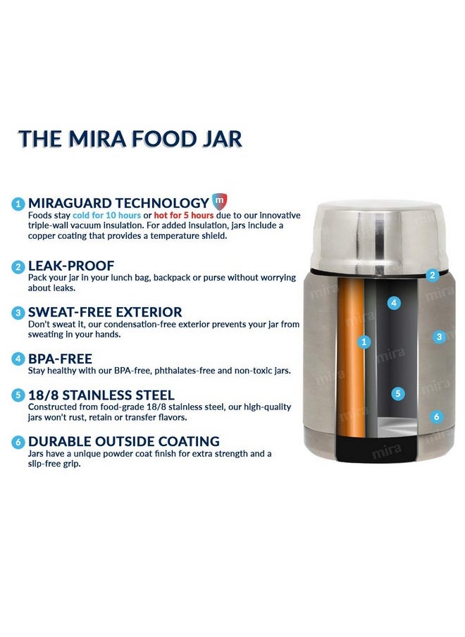 MIRA Thermo for Hot Food & Soup - 15 oz Insulated Food Jar with Foldable Spoon - Leak Proof Stainless Steel Thermal Storage Lunch Container, Canteen, Double Walled, Black