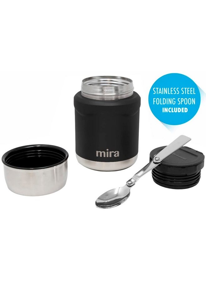 MIRA Thermo for Hot Food & Soup - 15 oz Insulated Food Jar with Foldable Spoon - Leak Proof Stainless Steel Thermal Storage Lunch Container, Canteen, Double Walled, Black