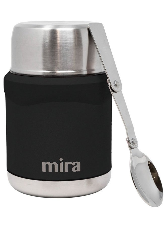 MIRA Thermo for Hot Food & Soup - 15 oz Insulated Food Jar with Foldable Spoon - Leak Proof Stainless Steel Thermal Storage Lunch Container, Canteen, Double Walled, Black