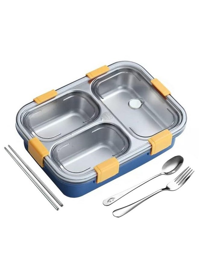 PRIME DEALS Lunch Box Sealed Leakage Proof Stainless Steel Lunch Box with Fork,Chopstick & Spoon Lid Office Food Container 3 Compartment for School Kids and Adults, 750ml (3 Compartment, Blue)
