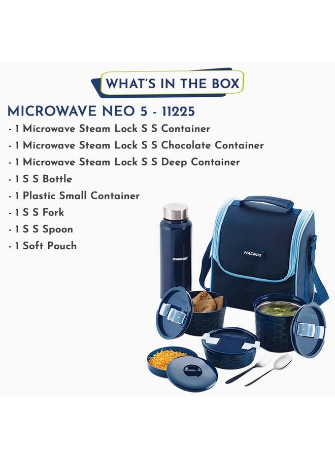 Magnus NEO 5 Lunch Tiffin with 3 Microwave Safe Steel Containers, Plastic Chutney Dabba, Steel Bottle, Spoon & Fork, Insulated Jacket - Ideal Lunch Box for Kids & Lunch Boxes for Office Men, Blue