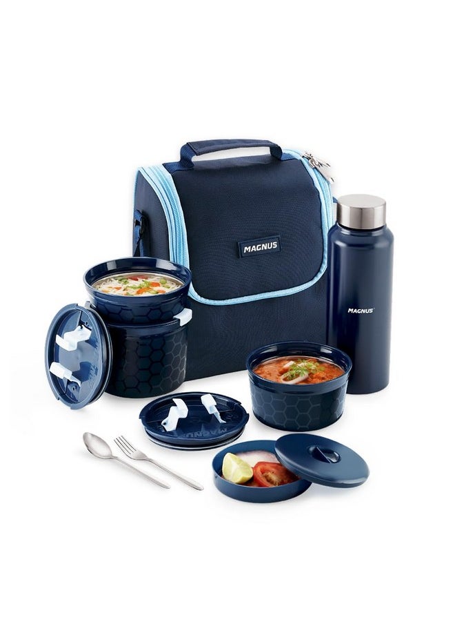 Magnus NEO 5 Lunch Tiffin with 3 Microwave Safe Steel Containers, Plastic Chutney Dabba, Steel Bottle, Spoon & Fork, Insulated Jacket - Ideal Lunch Box for Kids & Lunch Boxes for Office Men, Blue