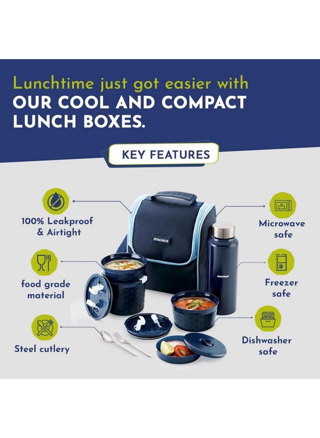 Magnus NEO 5 Lunch Tiffin with 3 Microwave Safe Steel Containers, Plastic Chutney Dabba, Steel Bottle, Spoon & Fork, Insulated Jacket - Ideal Lunch Box for Kids & Lunch Boxes for Office Men, Blue