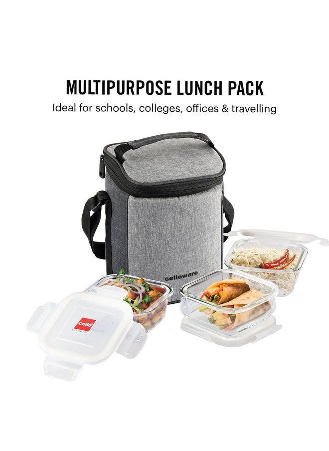 CELLO Delighta Square Borosilicate Glass Lunch Box with Jacket, 320ml, Set of 3 | Vertical Glass Lunch Boxes | Microwave Safe and Leak Proof | Tiffin for Office/School/College | Transparent