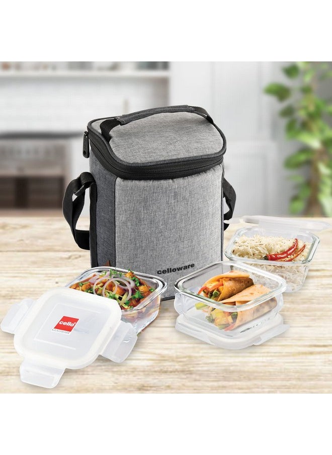CELLO Delighta Square Borosilicate Glass Lunch Box with Jacket, 320ml, Set of 3 | Vertical Glass Lunch Boxes | Microwave Safe and Leak Proof | Tiffin for Office/School/College | Transparent