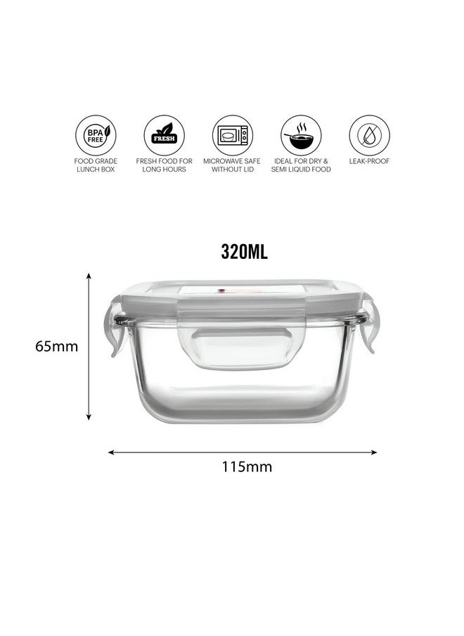 CELLO Delighta Square Borosilicate Glass Lunch Box with Jacket, 320ml, Set of 3 | Vertical Glass Lunch Boxes | Microwave Safe and Leak Proof | Tiffin for Office/School/College | Transparent