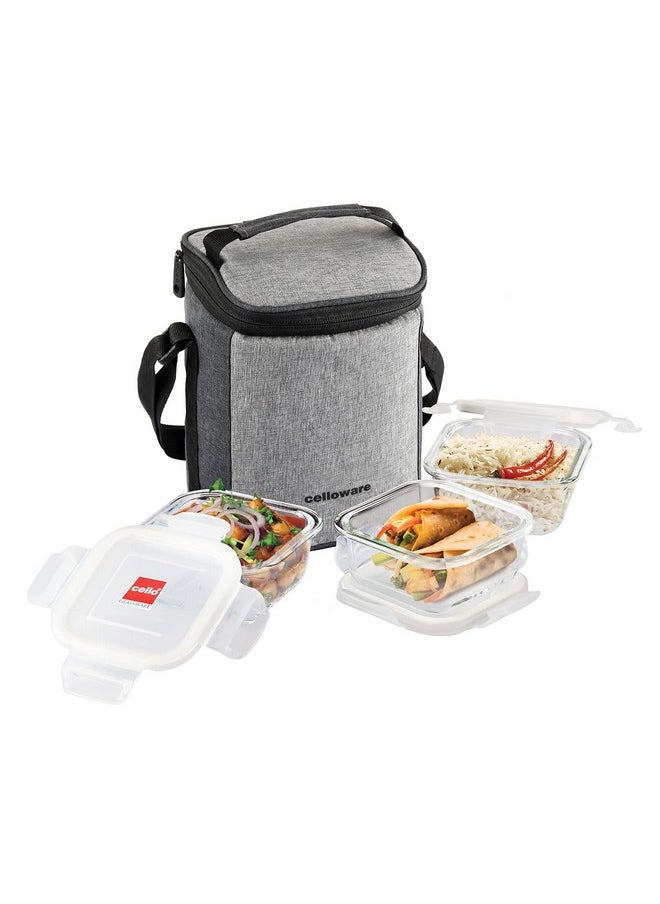 CELLO Delighta Square Borosilicate Glass Lunch Box with Jacket, 320ml, Set of 3 | Vertical Glass Lunch Boxes | Microwave Safe and Leak Proof | Tiffin for Office/School/College | Transparent