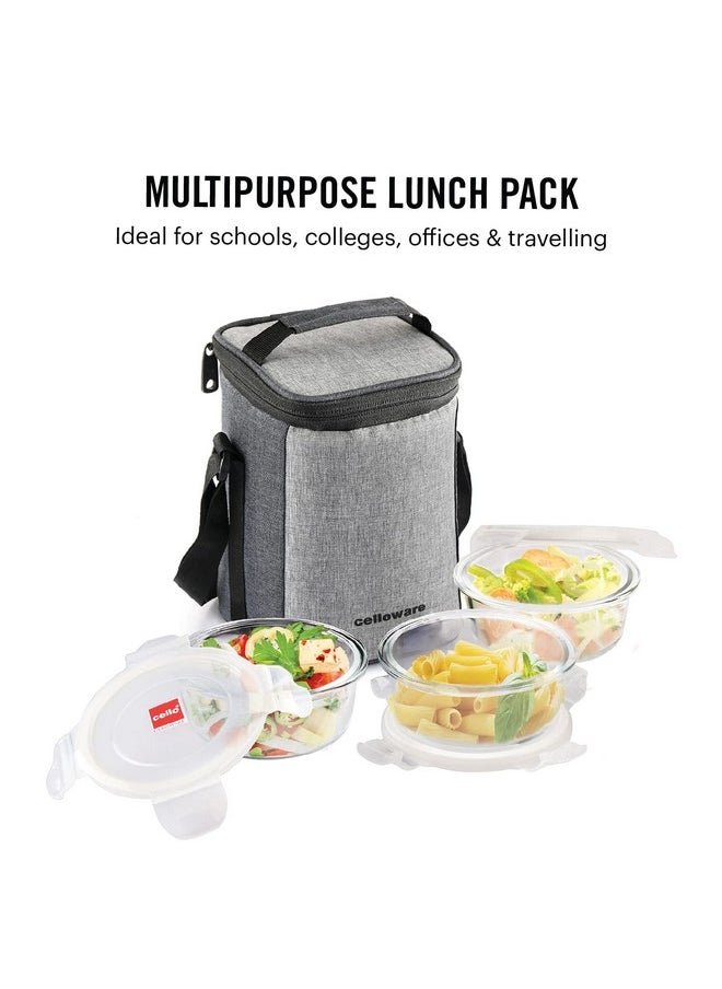 CELLO Delighta Round Borosilicate Glass Lunch Box with Jacket, 400ml, Set of 3 | Vertical Glass Lunch Boxes | Microwave Safe and Leak Proof | Tiffin for Office/School/College | Transparent