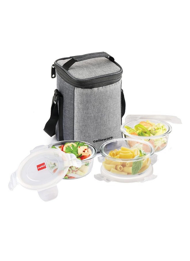 CELLO Delighta Round Borosilicate Glass Lunch Box with Jacket, 400ml, Set of 3 | Vertical Glass Lunch Boxes | Microwave Safe and Leak Proof | Tiffin for Office/School/College | Transparent