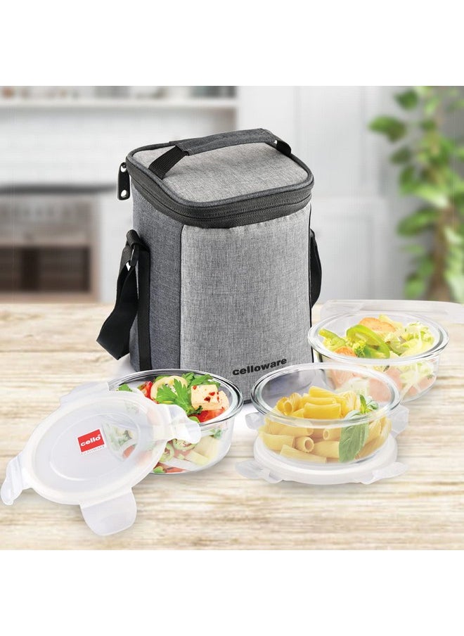 CELLO Delighta Round Borosilicate Glass Lunch Box with Jacket, 400ml, Set of 3 | Vertical Glass Lunch Boxes | Microwave Safe and Leak Proof | Tiffin for Office/School/College | Transparent