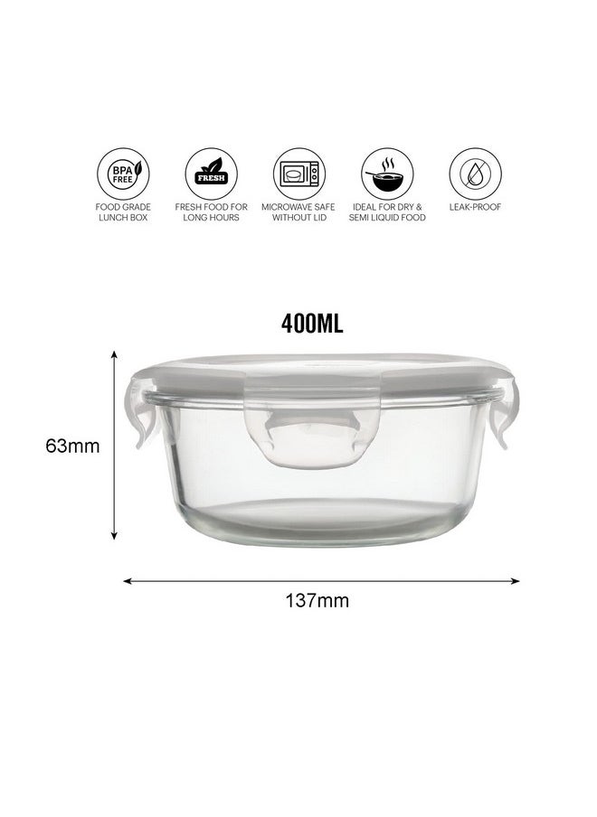 CELLO Delighta Round Borosilicate Glass Lunch Box with Jacket, 400ml, Set of 3 | Vertical Glass Lunch Boxes | Microwave Safe and Leak Proof | Tiffin for Office/School/College | Transparent