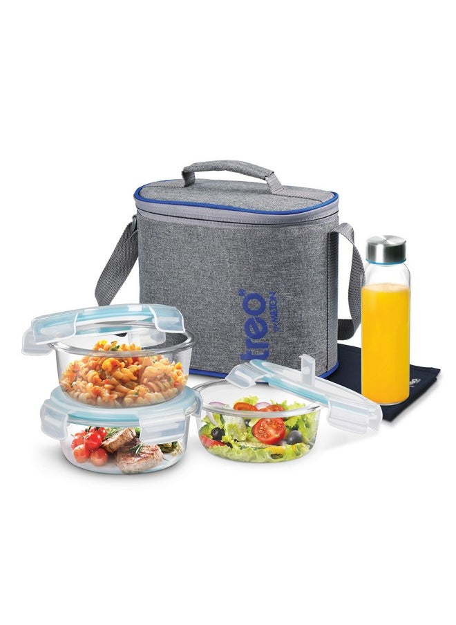 Treo by Milton All Fresh Premier Glass Lunch Box, Set of 5 (3 Round Containers 400 Ml Each; Bottle, 250 Ml & Dinning Mat) with Bag, Microwave & Dishwasher Safe, Leak Proof, Borosilicate Tiffin