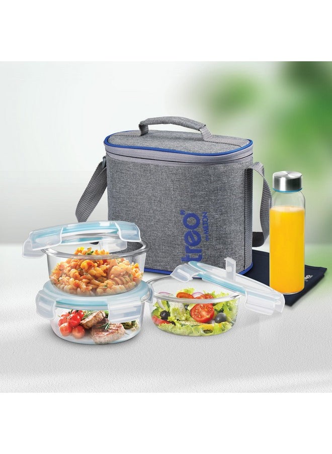 Treo by Milton All Fresh Premier Glass Lunch Box, Set of 5 (3 Round Containers 400 Ml Each; Bottle, 250 Ml & Dinning Mat) with Bag, Microwave & Dishwasher Safe, Leak Proof, Borosilicate Tiffin