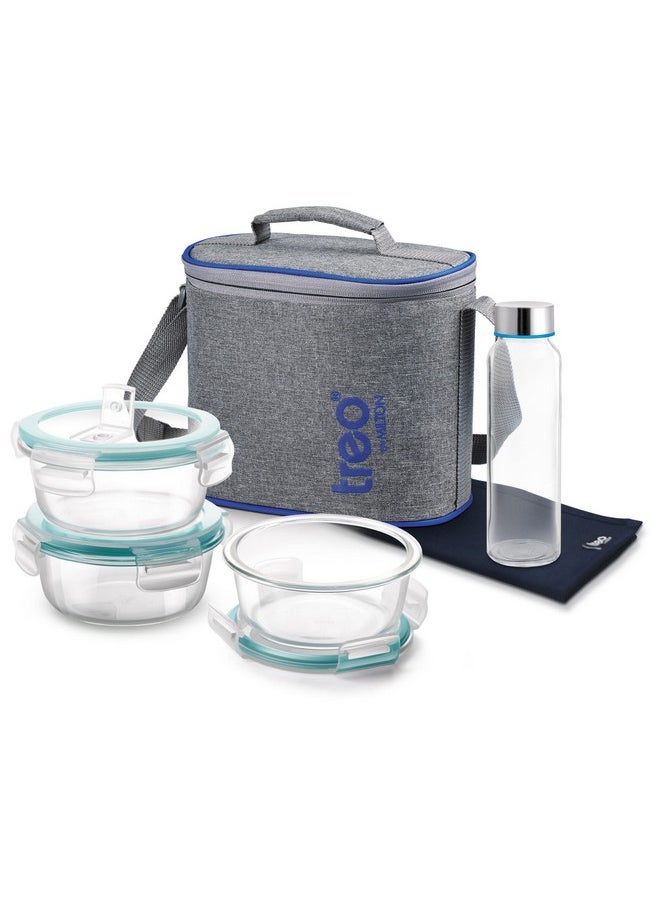 Treo by Milton All Fresh Premier Glass Lunch Box, Set of 5 (3 Round Containers 400 Ml Each; Bottle, 250 Ml & Dinning Mat) with Bag, Microwave & Dishwasher Safe, Leak Proof, Borosilicate Tiffin