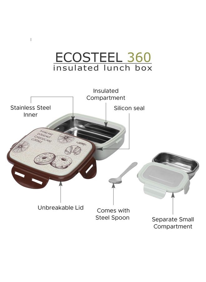 JAYPEE Ecosteel Jr Pista Brown 550 ml Stainless Steel Insulated Lunch Box for School Snacks Box Office|Spoon| Airtight | Leakproof Tiffin Box for Kids | Food Grade | BPA Free