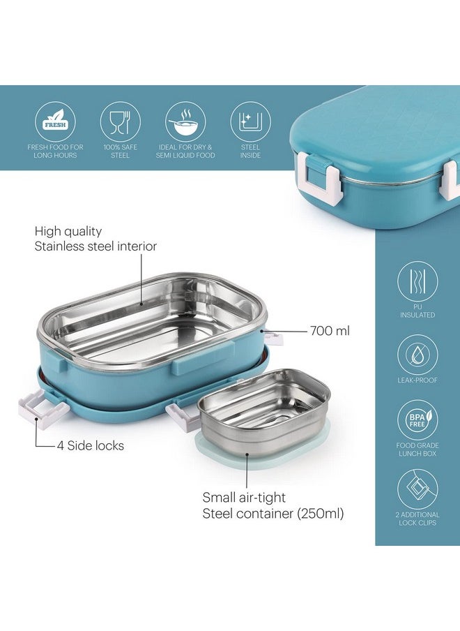 CELLO Altro Neo Lunch Box, Neo Blue, 700ml, 2 Container Lunch Box for Kids | Steel Insulated Lunch Box with Veg Box | Leak-Proof Air Tight Container Tiffin Box for Kids | Ideal for School & Picnic
