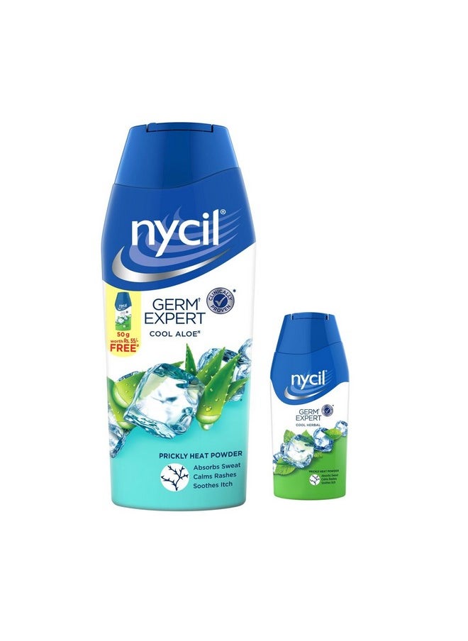 Nycil Germ Expert Cool Aloe Prickly Heat And Cooling Powder - 150 G + 50 G Free (Nycil Cool Herbal Powder) | Get Relief From Skin Problems