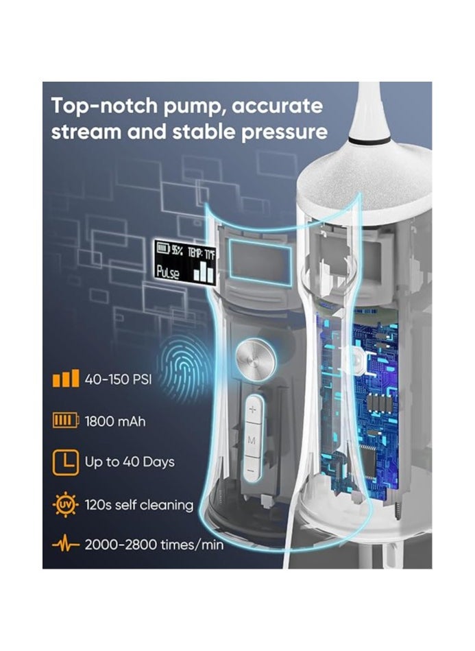 MySmile LP221 UVC Sterilizable Cordless Water Flossers for Teeth 335ML Portable OLED Display Dental Flosser with 4 Modes 8 Jet Tips and a Storage Pouch for Home and Travel (Pearl White)