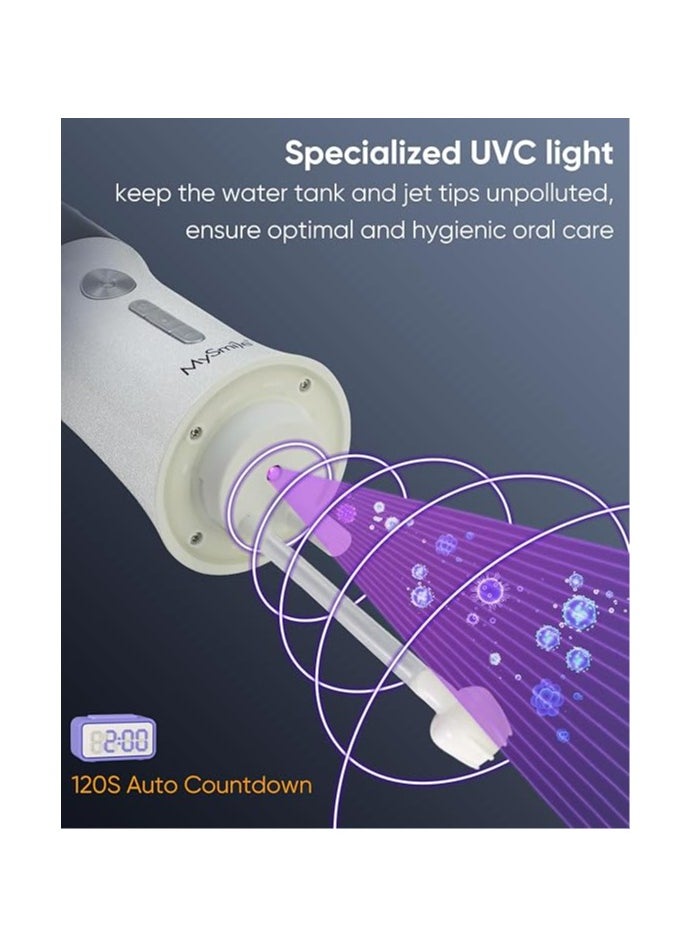 MySmile LP221 UVC Sterilizable Cordless Water Flossers for Teeth 335ML Portable OLED Display Dental Flosser with 4 Modes 8 Jet Tips and a Storage Pouch for Home and Travel (Pearl White)