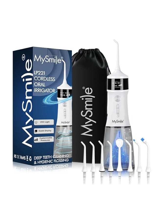 MySmile LP221 UVC Sterilizable Cordless Water Flossers for Teeth 335ML Portable OLED Display Dental Flosser with 4 Modes 8 Jet Tips and a Storage Pouch for Home and Travel (Pearl White)