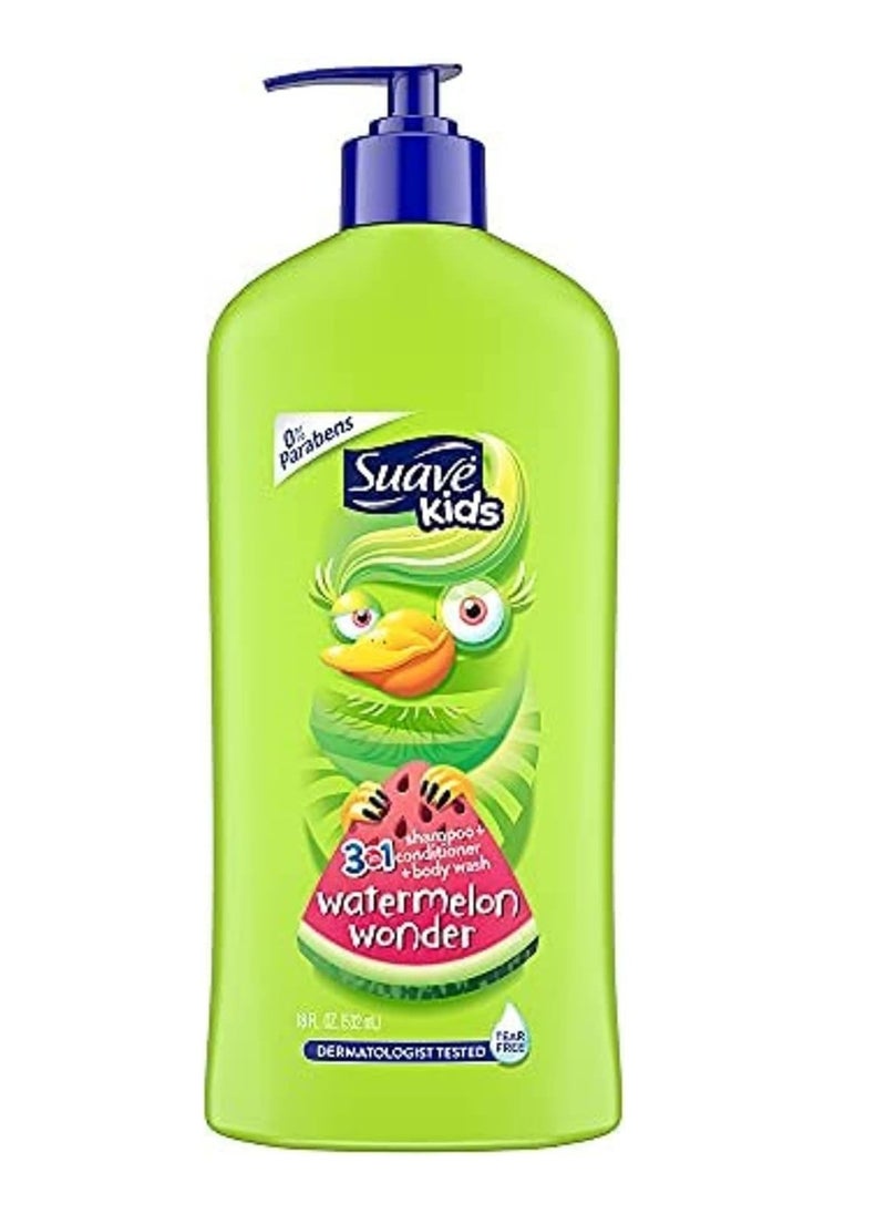 Suave Kids 3in1 Shampoo Conditioner Body Wash for a Tear-Free Shower or Bath Wacky Melon Dermatologically Tested 18 oz