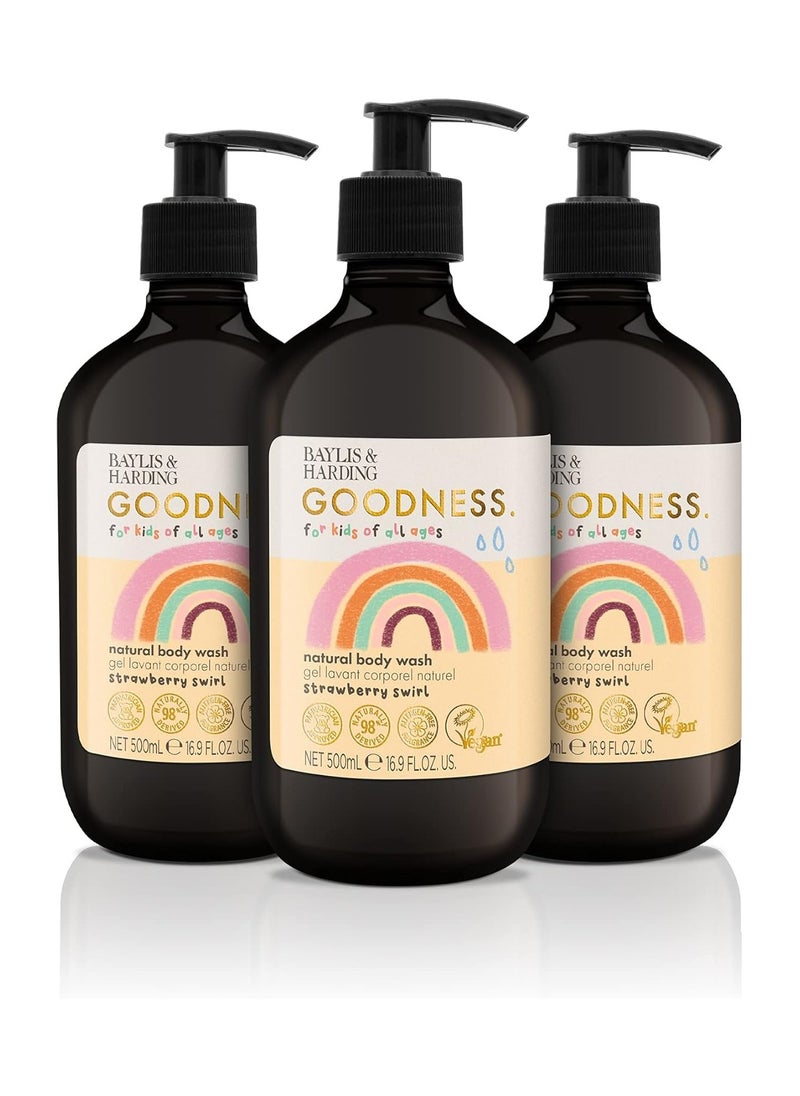 Baylis & Harding Goodness Kids Strawberry Swirl Natural Body Wash, 500 ml (Pack of 3) - Vegan Friendly