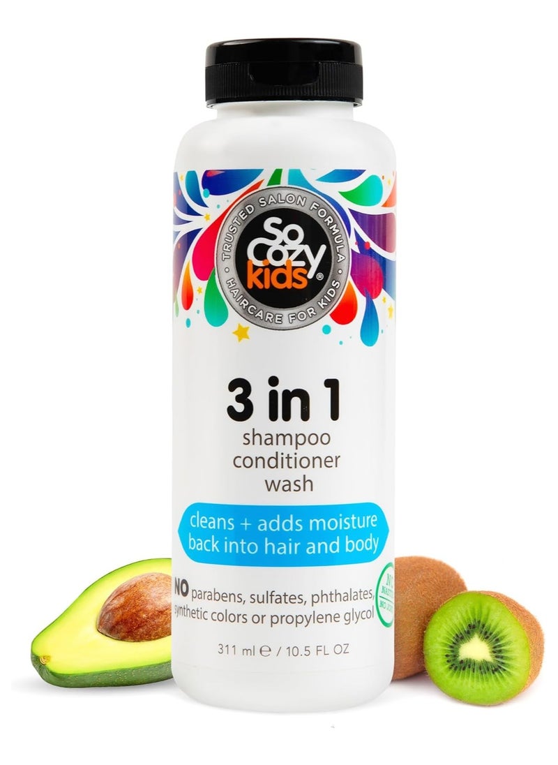 SoCozy 3-in-1 Kids Shampoo + Conditioner + Body Wash (10.5 Fl Oz) Gentle, Hydrating Hair & Body Cleanser with Keratin, Vitamin B5, & Kiwi Extract, Paraben & Sulfate-Free