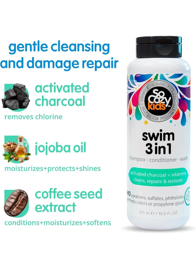 Kids Swim 3-in-1 Shampoo, Conditioner & Body Wash - 3-in-1 Combo Pool Shampoo & Conditioner for Swimmers - Salt & Chlorine Removing Activated Charcoal, 311ml