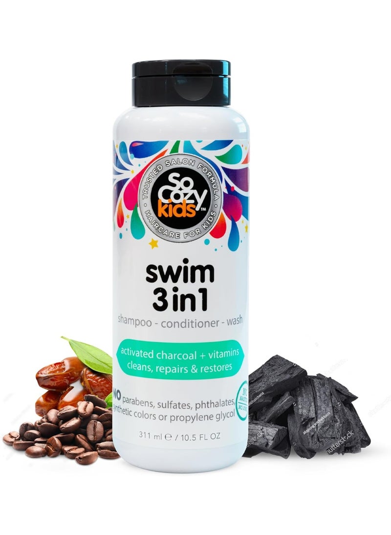 Kids Swim 3-in-1 Shampoo, Conditioner & Body Wash - 3-in-1 Combo Pool Shampoo & Conditioner for Swimmers - Salt & Chlorine Removing Activated Charcoal, 311ml