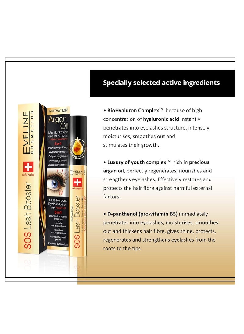 Eveline Cosmetics SOS Lash Booster Serum | 5-in-1 Argan Oil Formula for Longer, Stronger Lashes