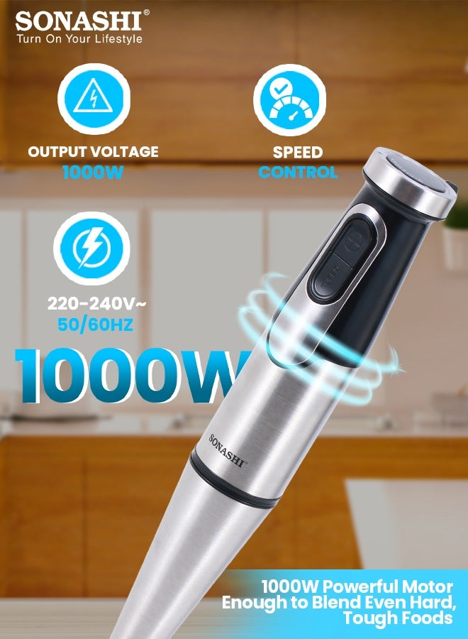 Hand Blender with Stainless Steel Shaft | Speed Control with Powerful Motor | Easy to Wash Detachable Blending Wand | Ideal for Smoothies, Shakes, Baby Food, & Fruits SHB-192 Black/Silver 1000W SHB-192 Silver/Black