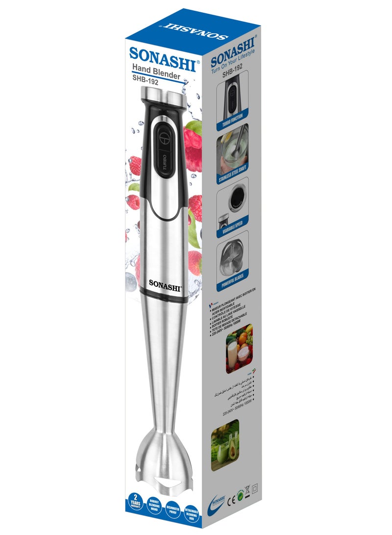 Hand Blender with Stainless Steel Shaft | Speed Control with Powerful Motor | Easy to Wash Detachable Blending Wand | Ideal for Smoothies, Shakes, Baby Food, & Fruits SHB-192 Black/Silver 1000W SHB-192 Silver/Black
