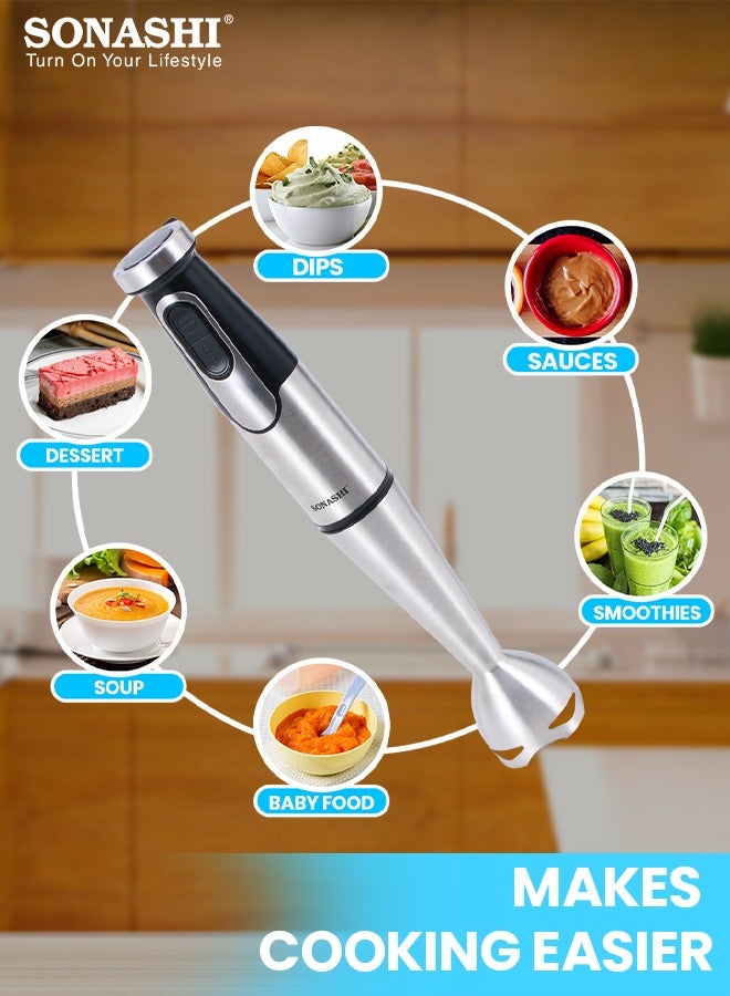 Hand Blender with Stainless Steel Shaft | Speed Control with Powerful Motor | Easy to Wash Detachable Blending Wand | Ideal for Smoothies, Shakes, Baby Food, & Fruits SHB-192 Black/Silver 1000W SHB-192 Silver/Black