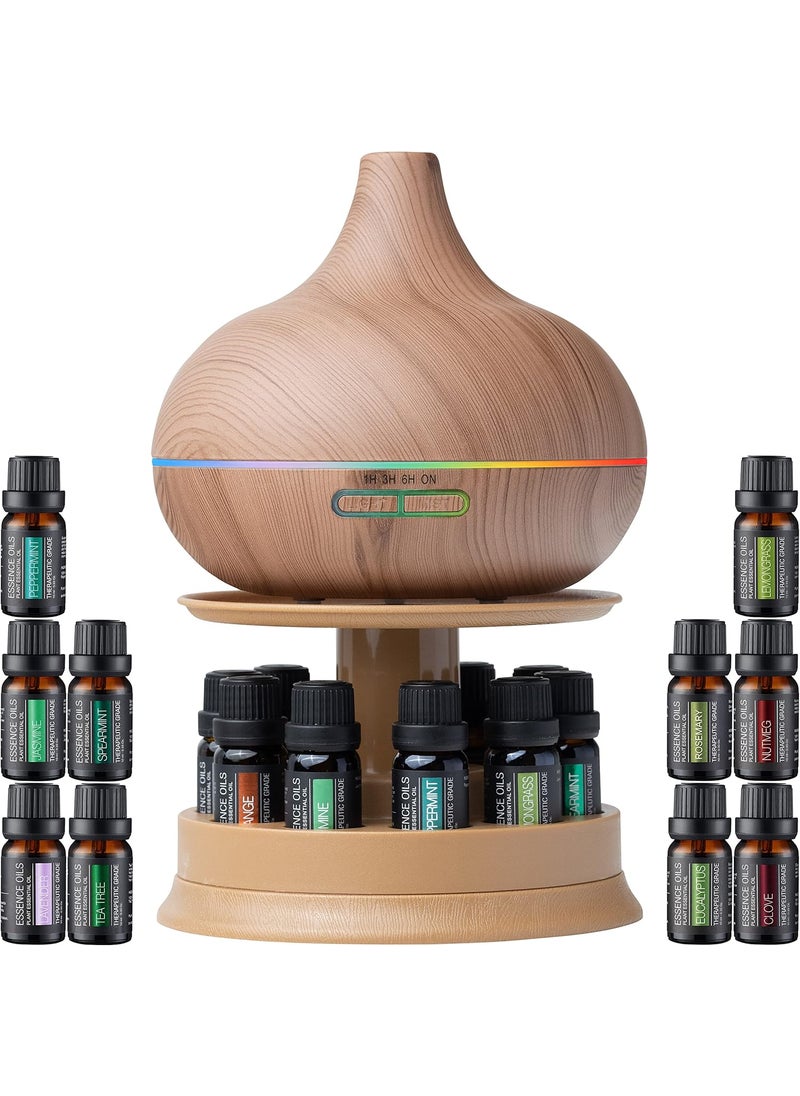 Ultimate Aromatherapy Ultrasonic 300ml Diffuser & Top 10 Therapeutic Grade Essential Oils Set w/Rotating Display Stand - 4 Timer & 7 Ambient Light Settings