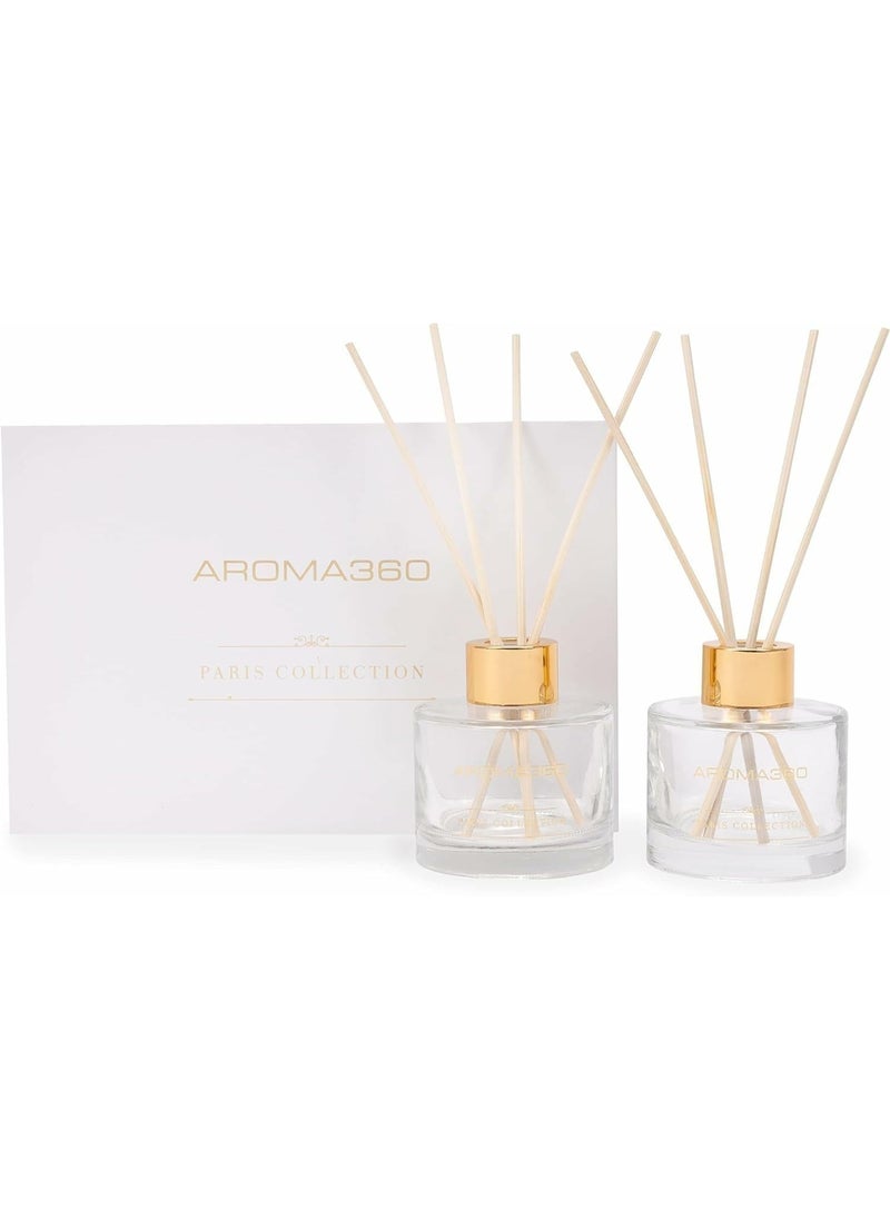 Aroma360 Paris Collection Reed Diffuser Duo Set - Reed Diffuser with Fragrance Oil Inspired by W Hotels - Scent Includes Lemon, Bergamot & Lemongrass - 24K Magic, 100mL/3.38 fl oz