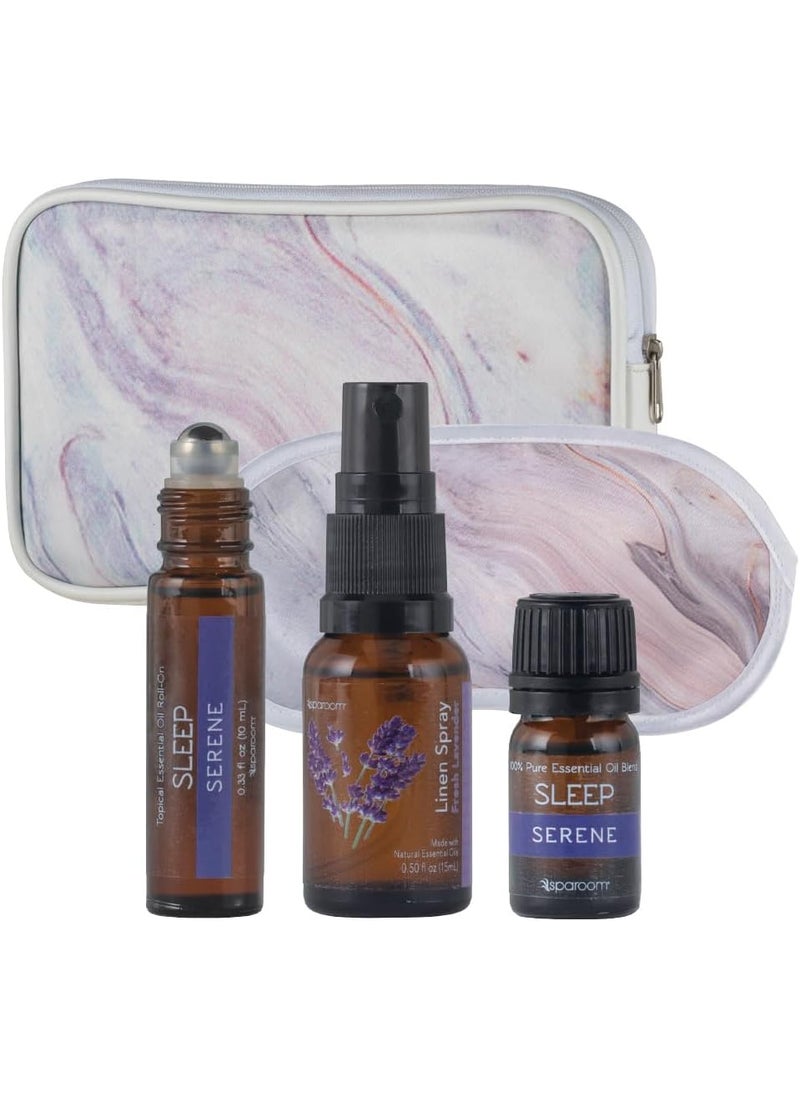 SpaRoom Serene Essential Oil Travel Kit with Eye Mask and Bag; Linen Spray, Essential Oil and Topical Roll-on, Pink Marble