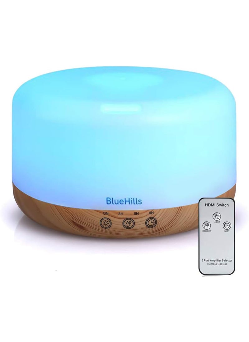 BlueHills Premium 1000 ML XL Essential Oil Diffuser Aromatherapy Humidifier with Remote Timer for Large Room Home 18 Hour Run Huge Coverage Area 1 Liter Mood Light Extra Large Capacity Wood Grain D004