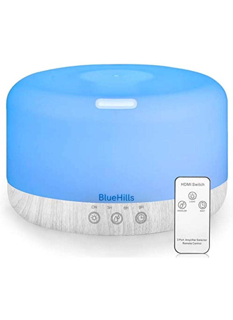 BlueHills Premium 1000 ML XL Essential Oil Diffuser Aromatherapy Humidifier with Remote for Large Room Home Long Run Big Huge Coverage Area 1 Liter 1L Lights Extra Large Capacity White Wood Grain D003
