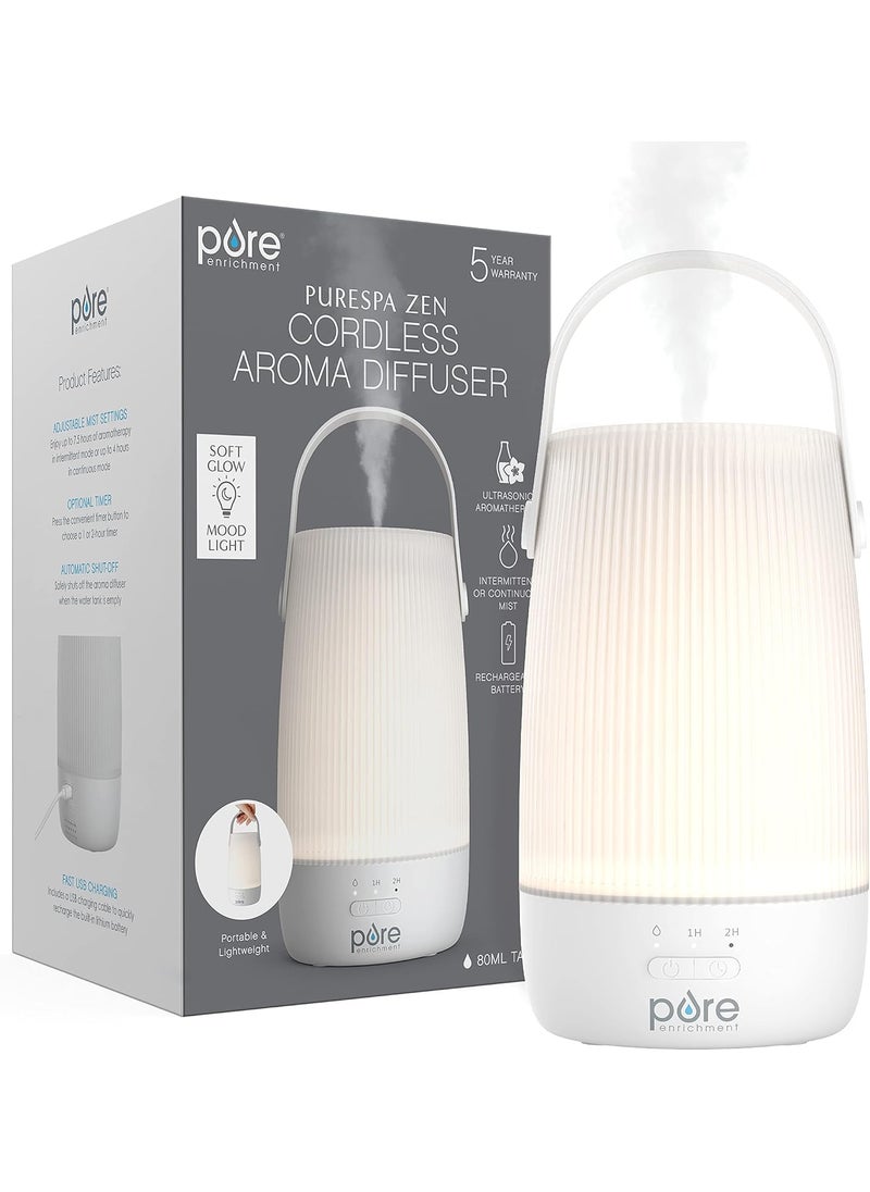 Pure Enrichment PureSpa Zen Cordless Essential Oil Diffuser & Light - Portable Travel-Friendly Aroma Diffuser Lasts 7.5 Hrs, Optional Mood Light, 2 Mist Settings, Optional Timer, & Auto Shut-Off