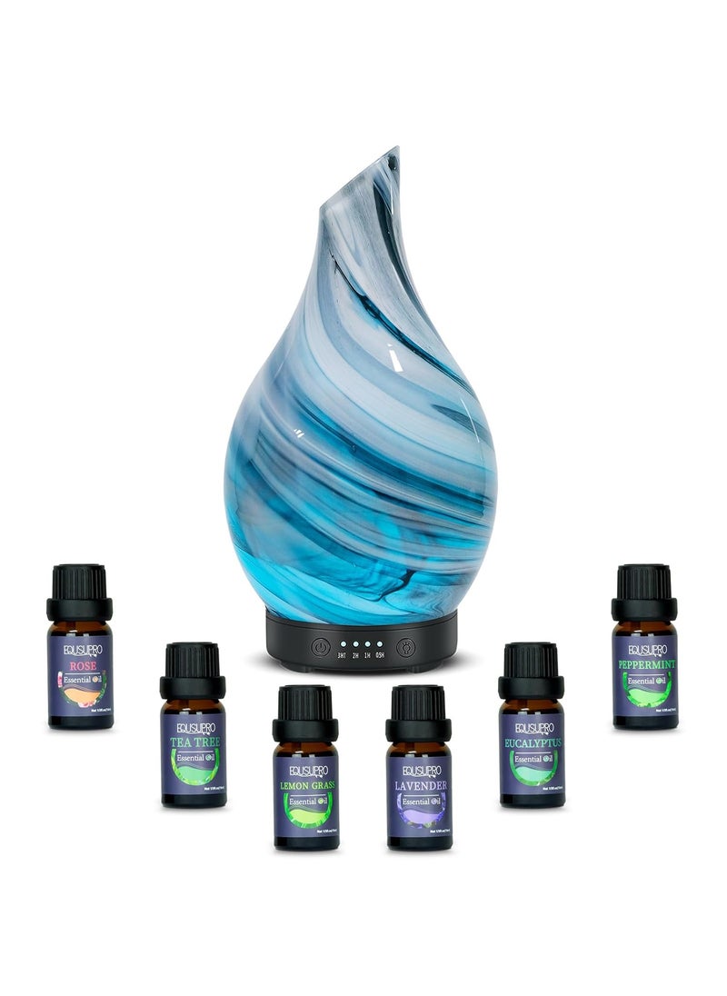 Oil Diffuser & Essential Oils Set - Aromatherapy Diffuser with 6 Essential Oils Set, Ultrasonic Cool Mist Oil Diffusers for Essential Oils, 4 Timer & 7 LED Light, Waterless Auto Shut-Off