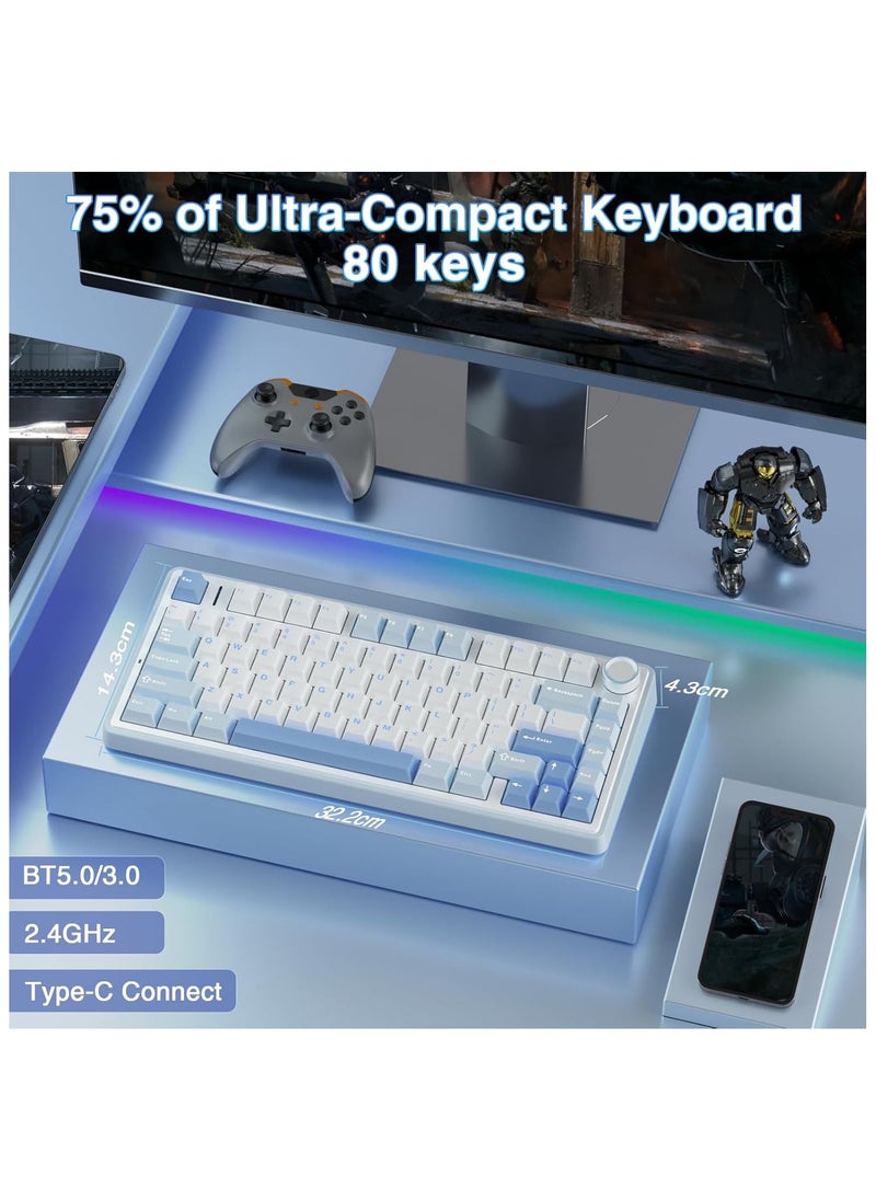 AULA F75 Wireless Mechanical Gaming Keyboard – 75% Compact Gasket Mount – Tri-Mode Bluetooth 5.0/2.4G/USB-C – Hot-Swappable Greywood V3 Switches – RGB Backlit – Long Battery Life – Ultra-Fast Response for PC/Mac – (Sea Salt Blue)